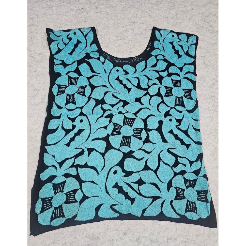 Vintage Mexican Huipil Top Hand Embroidered Floral Bird Oaxaca Blue, SZ L